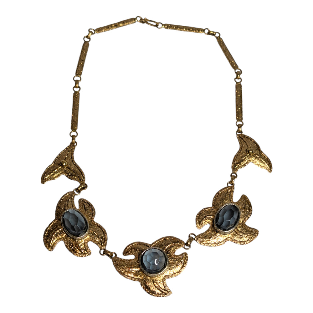 Avon Gold Tone Textured Statement Necklace Smoky Grey Glass Stones Bar Link